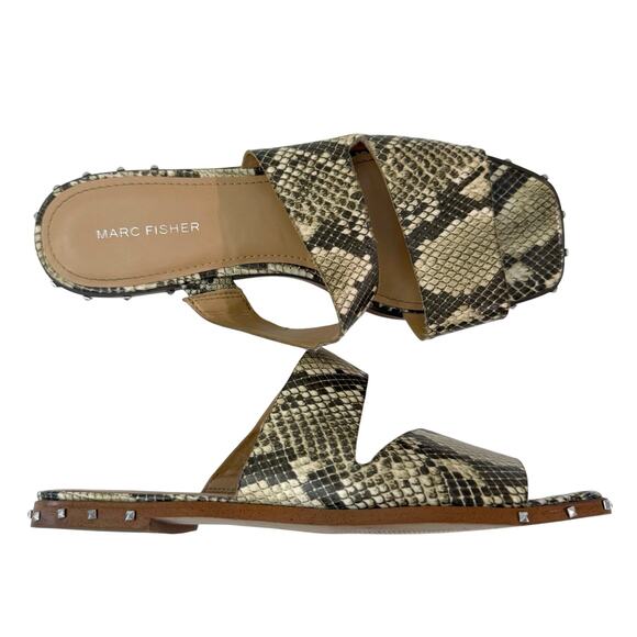 Marc Fisher Jaylin Sandal Size 10 Snakeskin Double Strap Flats Square Toe Studs - Picture 1 of 8